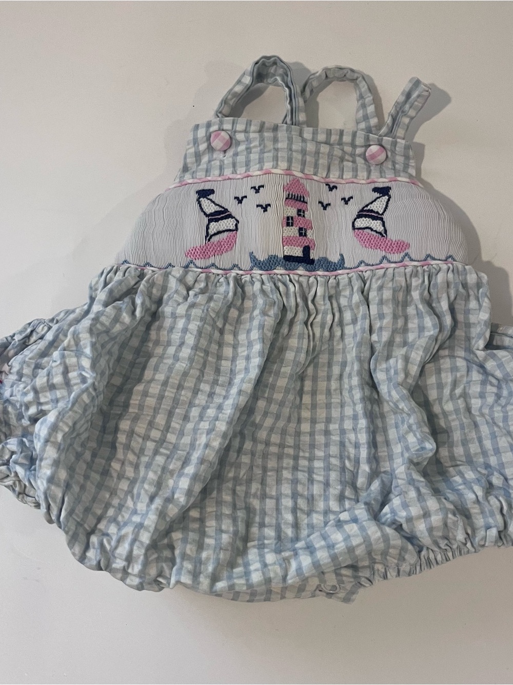 Smocked Light Blue & Pink Nautical Baby Bubble Romper